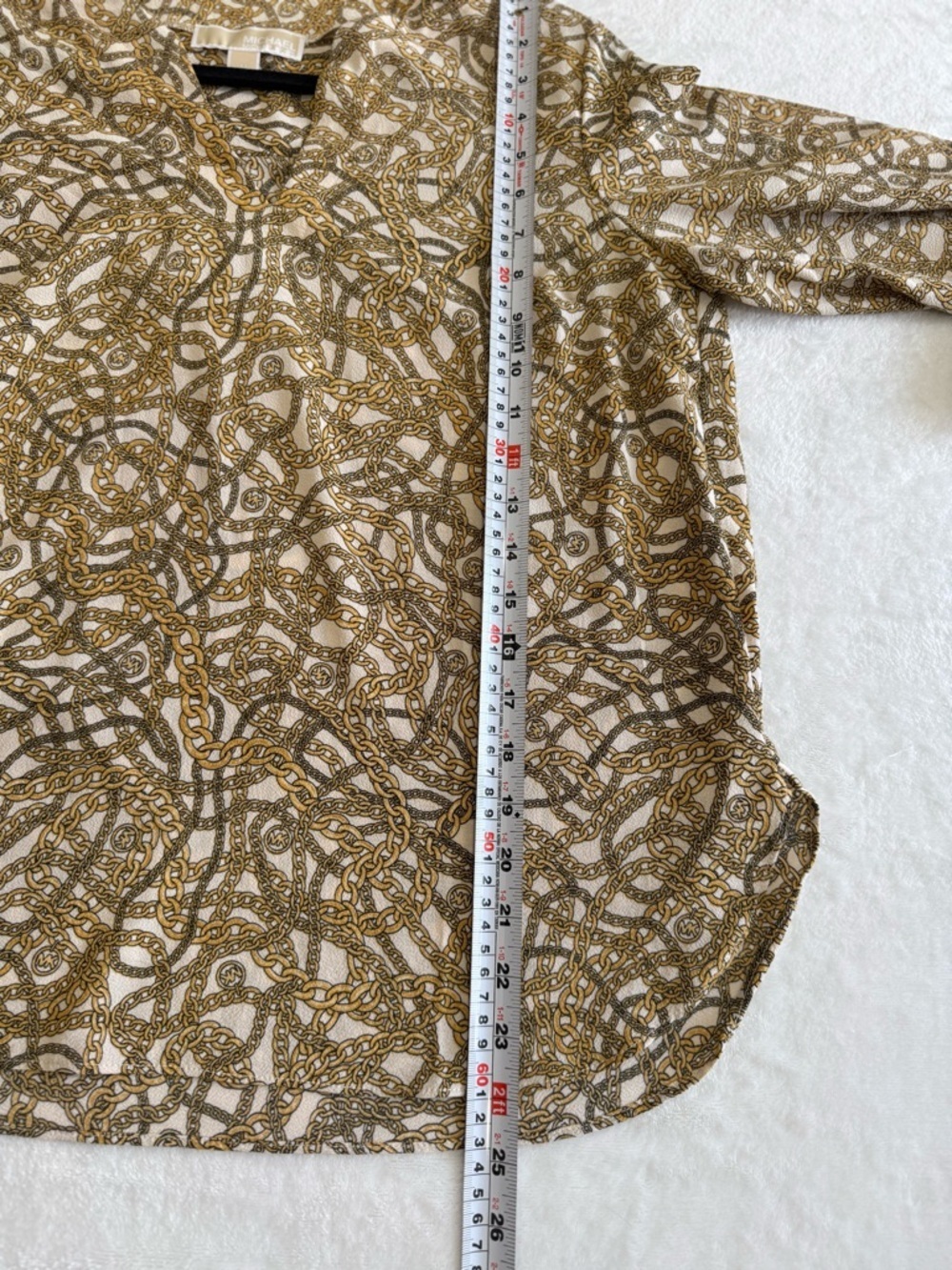 Michael Kors Chain Print Blouse Gold Cream V-Neck Tie Sleeve Top Size M - Picture 7 of 9